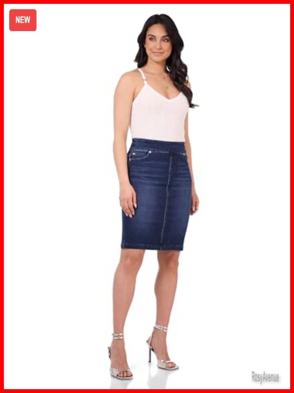 Mid Rise Pull On Stretch Denim Pencil Skirt with 5 Pockets